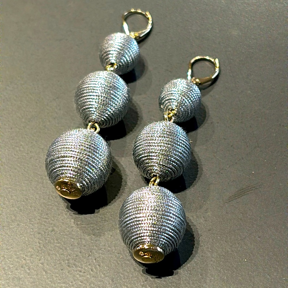 J Crew Disco Party Triple String Wrap Ball Drop Earrings Metallic Silver